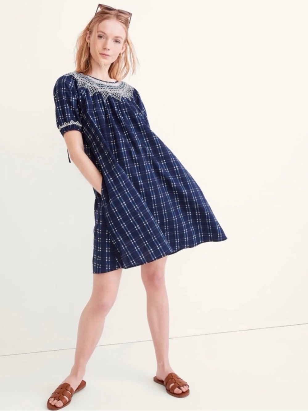 Madewell Navy Embroidered Yoke Plaid Dress